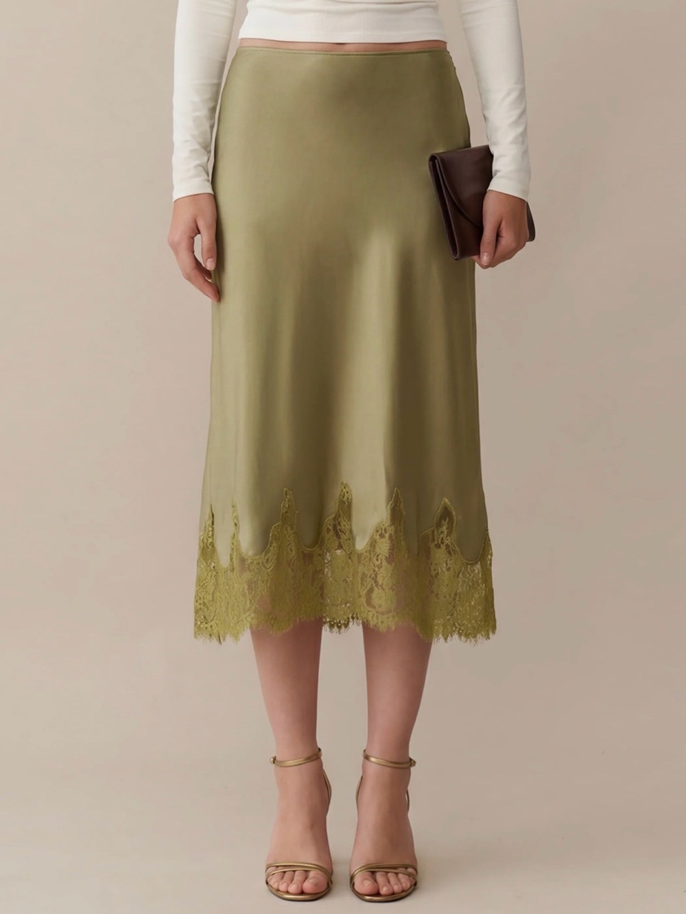 Few Moda Kourt Olive Green Lace-Hem Satin Midi Avery Skirt